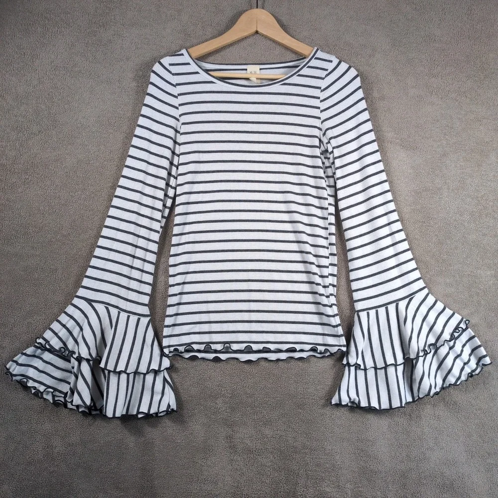 We The Free People Top Womens Medium White Black‎ Striped Good Find Bell Sleeve
